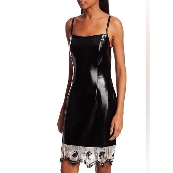 NWT Staud Joan Faux Patent Leather Mini Dress w/ Beaded Hem Yin Yang Sz 6 - Picture 1 of 10
